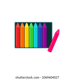 Wax crayon colorful pencils in box. School supplies for kindergarten, preschool kids icon. Flat style multicolor drawing tools. Rainbow spectrum elements, isolated illustration.