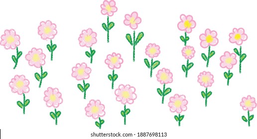 Wax crayon drawing pink flowers with green grass on white. Vector chalk background.