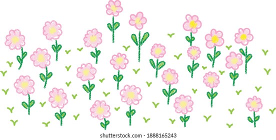 Wax crayon drawing pink flowers with green grass on white. Vector chalk background.