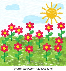 Wax crayon drawing red flowers with green grass on white. Vector chalk background.