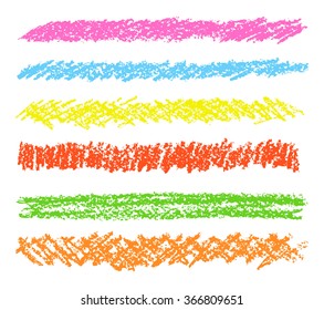 Wax crayon hand drawing design elements set. Colorful pastel chalk stripes. Vector chalk lines.