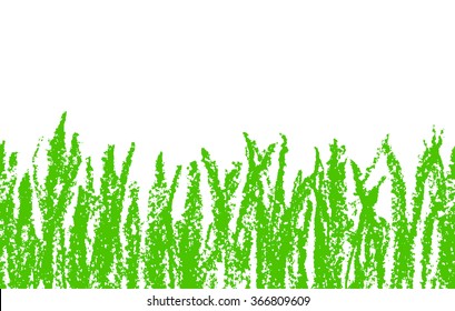 Wax crayon hand drawn green grass isolated on white. Seamless kid`s drawn background banner. Vector pastel chalk copyspace design element.