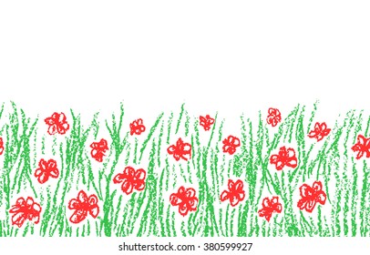 Wax crayon hand drawn green grass with red flower isolated on white. Seamless kid`s drawn background banner. Vector pastel chalk copyspace design element.