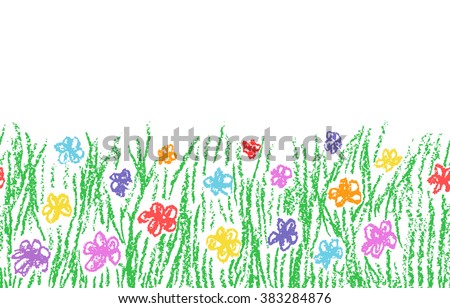 Wax crayon hand drawn green grass with color flower isolated on white. Seamless kid`s drawn background banner. Vector pastel chalk copy space design element.