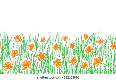 Wax crayon hand drawn pattern with green grass with orange flower isolated on white. Seamless kid`s drawn background banner. Vector pastel chalk copy space design element.