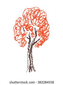 Wax crayon hand drawn tree with red leaves. Hand painted sketch tree on white. Vector nature background.