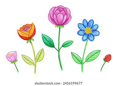Wax crayon kid drawn colorful flowers isolated on white. Child drawn pastel chalk blooming flowers set.