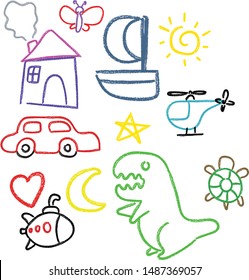 Wax Crayon Kids Drawing vector set.
 Elements for the design of postcards, backgrounds, packaging. Prints for clothes.
House,dinosaur,turtle,helicopter ,boat,star,heart,butterfly,sun,car,submarine