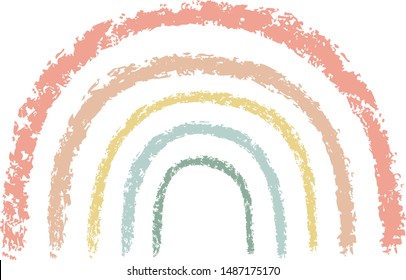 Wax crayon kid`s drawn colorful rainbow isolated on white. Child`s drawn pastel chalk Rainbow. Cute  kid`s painting rainbow  Vector hand drawing background banner.