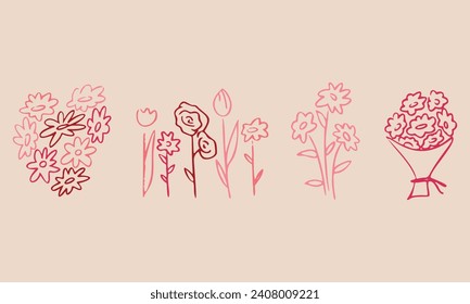 Flores coloreadas dibujadas por un niño de crayón de cera aislado en blanco. Flores de tiza pastel dibujadas por niños. Cuto de pintura infantil de prado floreciente de primavera. Banner de fondo de dibujo con la mano del vector.