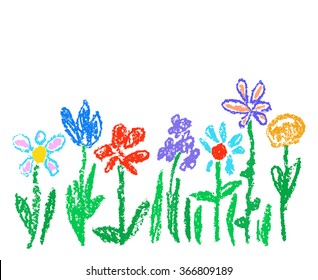 Wax crayon kid`s drawn colorful flowers isolated on white. Child`s drawn pastel chalk blooming flowers set. Cute of kid`s painting spring flowering meadow. Vector hand drawing background banner.