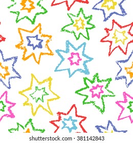 Wax crayon kid`s drawn colorful stars isolated on white. Seamless pattern background, vector. Child`s drawn color pastel chalk design elements. Set of kid`s painting objects.