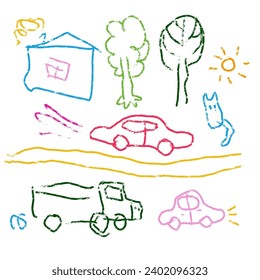 Wax crayon kid's drawn elements set - house, tree, cat, sun, car, truck isolated on white. Little Child's drawn colorful pastel chalk vector drawings. Collection of childish painting objects.