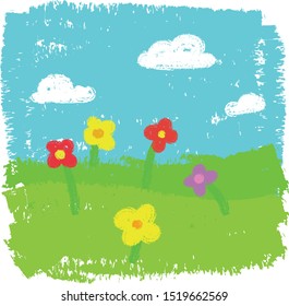 Wax crayon kid`s hand drawn grass hills with blue sky ,child`s drawn flowers set. kid`s painting spring and summer meadow. Vector  chalk background banner