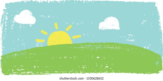 Wax Crayon Kid`s Hand Drawn Grass Hills With Blue Sky Set. Kid`s Painting Spring And Summer Meadow. Vector Pastel Chalk Background Banner.