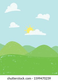 Wax crayon kid`s hand drawn mountains with blue sky ,child`s drawn set. kid`s painting spring and summer meadow. Vector pastel chalk background banner.