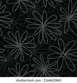Wax crayon kid's hand drawn black flowers with leaves. Vector simple plant background. Modern floral print with daisy, ditsy or chrysanthemum. Children style wrapping paper, decorative design
