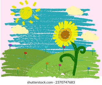 Wax crayon kids hand drawn grass hills with blue sky, children drawn flowers kids painting spring and summer, vector crayon background illustration