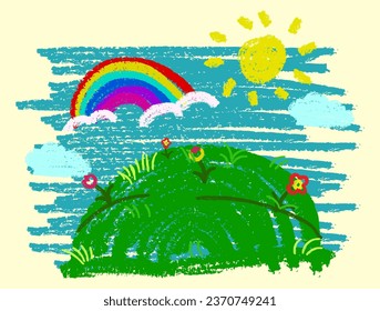 Niños con caparazón de cera dibujados a mano colinas con arco iris y cielo azul, niños dibujaron flores niños pintando prado de primavera y verano, crayón vectorial ilustración de fondo