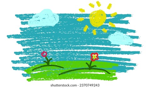 Wax crayon kids hand drawn grass hills with blue sky, children drawn flowers kids painting spring and summer, vector crayon background illustration