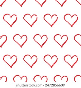 Wax crayon kid's hand drawn red heart seamless pattern. Vector simple repeating background. Modern print. Children style wrapping paper, decorative design