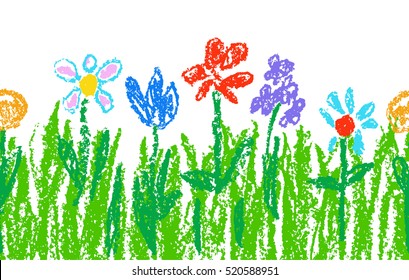 Wax crayon kid`s hand drawn colorful flowers with green grass on white. Seamless child`s drawn flowers set. Cute of kid`s painting spring and summer meadow. Vector pastel chalk background banner.