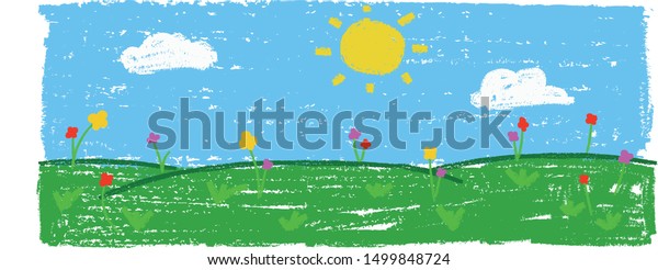 Wax crayon kid`s hand drawn\
grass hills with blue sky ,child`s drawn flowers set. kid`s\
painting spring and summer meadow. Vector pastel chalk background\
banner.