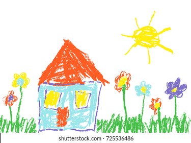 Wax crayon like child's hand drawn house, grass, colourful flowers and sun. Pastel chalk like kid`s hand painting cute spring and summer meadow. Vector pastel chalk background banner.