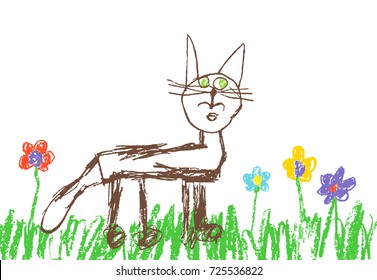 Wax crayon like child`s hand drawn funny cute cat in green grass and flowers. Pastel chalk like kid`s hand painting spring and summer meadow. Vector background.