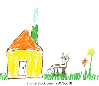 Wax crayon like child`s hand drawn house, grass, colorful flowers and funny smiling cat. Pastel chalk like kid`s hand painting cute spring and summer meadow. Vector pastel chalk background banner.