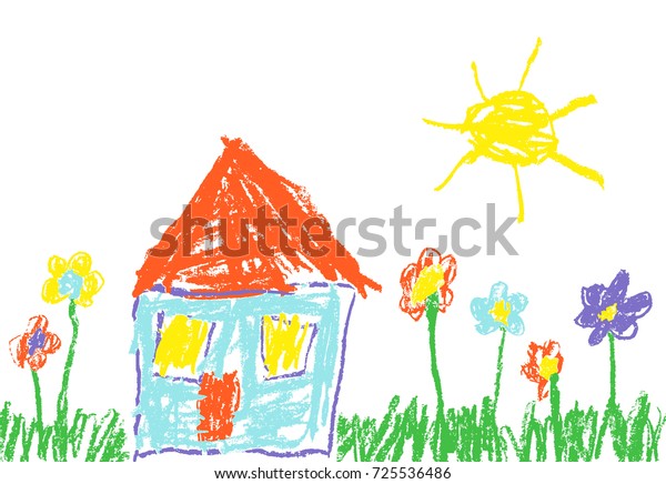 Wax crayon\
like child\'s hand drawn house, grass, colourful flowers and sun.\
Pastel chalk like kid`s hand painting cute spring and summer\
meadow. Vector pastel chalk background\
banner.