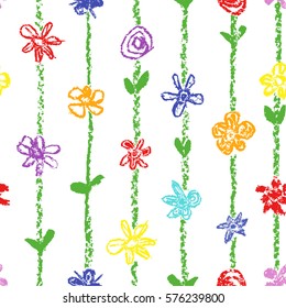 Wax crayon like kid`s drawn colorful seamless pattern with flowers and stroke stripes. Hand drawn art vector background. Like child`s painting pastel chalk design meadow.