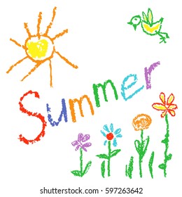 Wax crayon like kid`s drawn summer background with sun, bird, flowers, grass. Like child`s drawn colorful pastel chalk vector design elements with font. Set of like kid`s painting colorful objects.