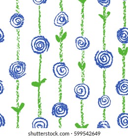 Wax crayon like kid`s drawn blue color seamless pattern with roses flowers and stroke stripes. Hand drawn art vector background. Like child`s painting pastel chalk blossom meadow.