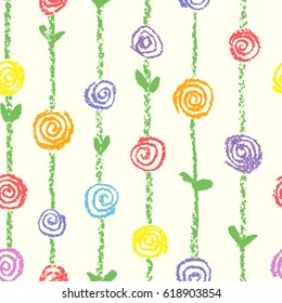 Wax crayon like kid`s drawn colorful seamless pattern with roses flowers and stroke stripes. Hand drawn art vector background. Like child`s painting pastel chalk blossom meadow.