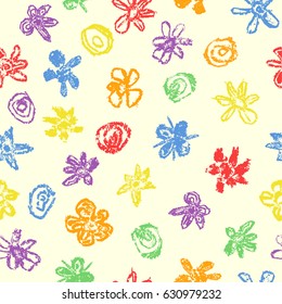 Wax crayon like kid`s drawn colorful seamless pattern with flowers on beige. Hand drawn art vector background. Like child`s painting pastel chalk design elements.