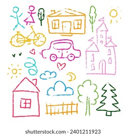 Wax crayon like kids hand drawn elements set - house, sun, tree, car isolated on white. Like child s painted colorful pastel chalk vector design elements. Set of like kid s pencil painting objects.