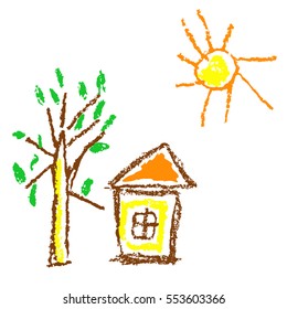 Wax crayon like kid`s hand drawn house, sun, tree isolated on white. Like child`s painted colorful pastel chalk vector design elements. Set of like kid`s pencil painting objects.