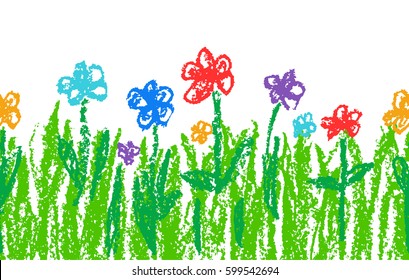 Wax crayon like kid`s hand drawn colorful flowers with green grass on white. Seamless like child`s drawn flowers set. Cute painting spring and summer meadow. Vector pastel chalk background banner.