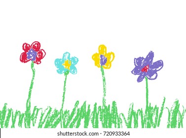 Wax crayon like kid`s hand drawn colorful flowers with green grass. Like child`s drawn flowers set. Cute painting spring and summer meadow. Vector pastel chalk background banner.