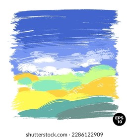 Wax crayon naive hand drawn grass meadow hills with blue sky. Vector pastel chalk background banner. Square landscape colorful backdrop.