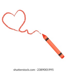 Wax crayon with textured line heart shape in cartoon style isolated on white background. Preschool pencil for education.