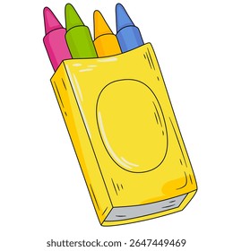 Wax crayons in carton box in cartoon style isolated on white background. Preschool palette, pencils for education.