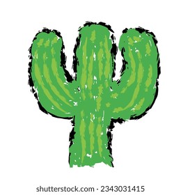 Wax crayons like children's hand-drawn cactus tree isolated on white paper. Chalk pastels or pencils like children's hand-drawn trees on paper. Painting style with brushes, coloring style with crayon