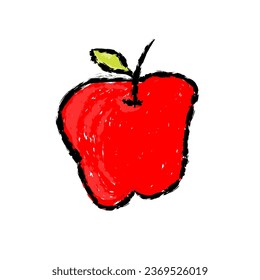 Wax crayons like children's hand-drawn apples isolated on white paper. Chalk pastels or pencils like children's hand-drawn trees on paper. Painting style with brushes, coloring style with crayon