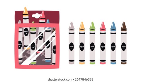 Wax Crayons Set in Flat Design on White Background. Colorful Kids Art Supplies for School, Drawing, and Creative Projects. Perfect for Children's Products, Educational Materials, and Packaging Design