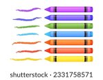 Wax crayons with textured line set in cartoon style isolated on white background. Preschool palette, pencils for education.