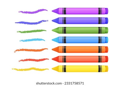 Wax crayons with textured line set in cartoon style isolated on white background. Preschool palette, pencils for education.