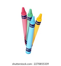 Wax crayons vector illustration. Cartoon isolated bunch of colorful pencils for drawing by kids at school or in kindergarten, group of green, yellow, red and blue crayons for art lesson in classroom