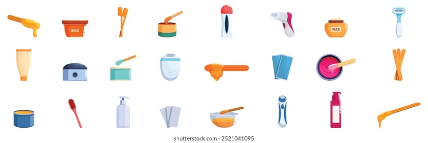 Ícones de depilação de cera definidos. Depilação de cabelo corpo depilação ícones definir vetor cartoon